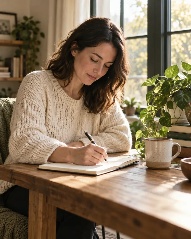 A woman writing in a notebook at a sunlit desk