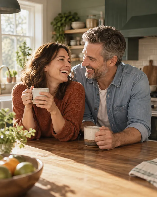 A couple laughing together in their kitchen