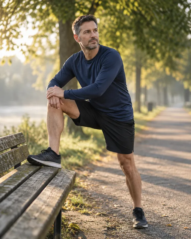 A runner stretching his knee on a park bench