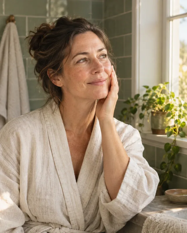 A woman in her forties by a bright window in the morning