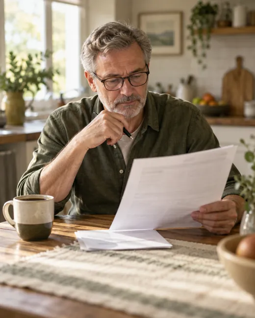 A man reading a printed lab report at his kitchen table