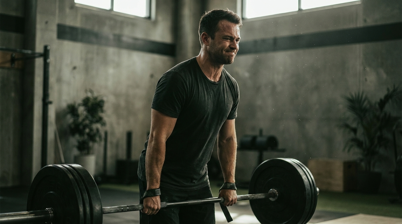 Lifter mid-set under a loaded barbell